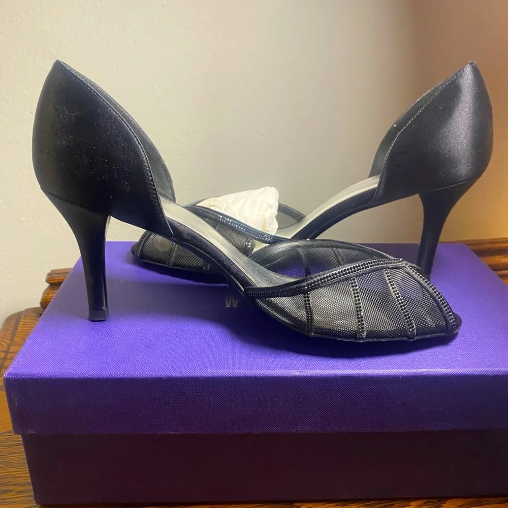 STUART WEITZMAN Women's Shoes Satin Mesh Open Toes Black Pumps Size 8 M Art Deco